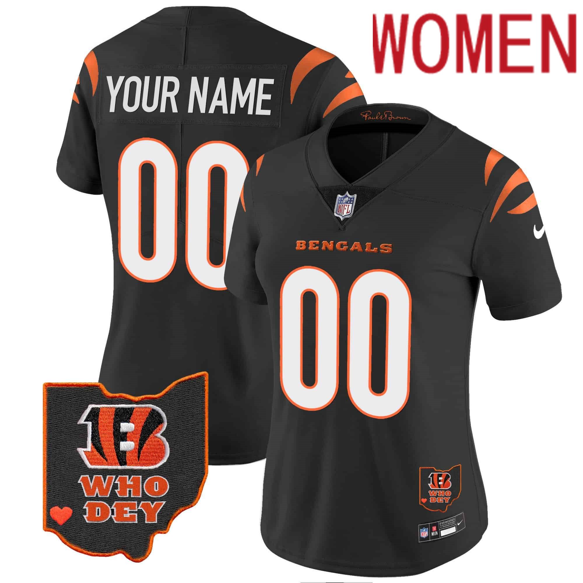 Women Cincinnati Bengals Black 2024 Nike Patch Vapor Limited Custom NFL Jersey style 1
